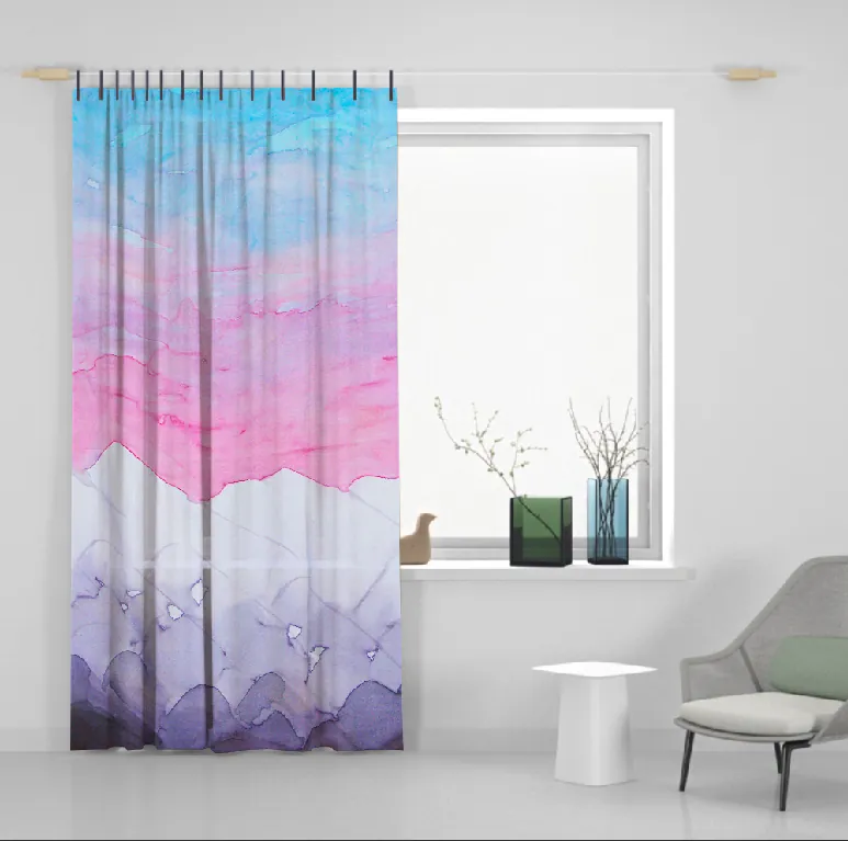 A long curtain beside a window, painted in soft bands that fade from sky blue to pink to lavender, like layers of distant hills.