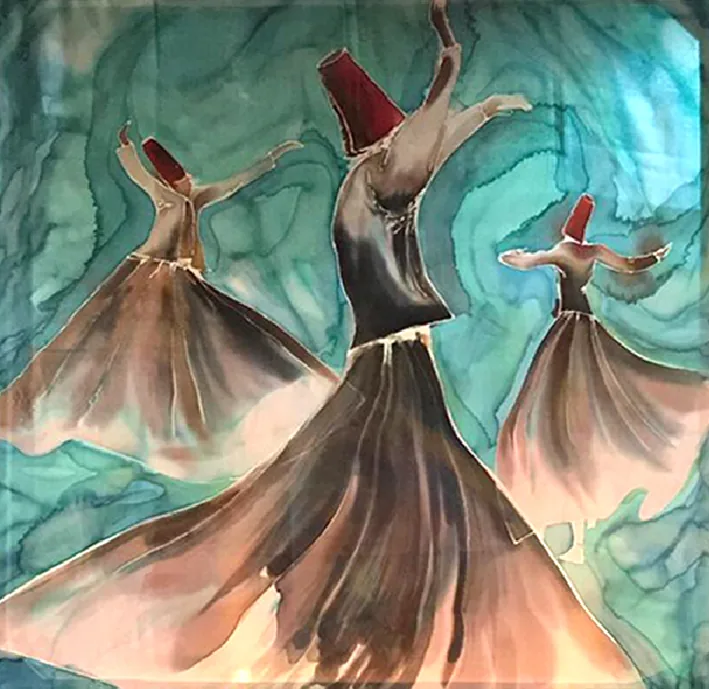 A painting of three whirling dervishes in tall red hats and flowing brown and peach robes, on a turquoise ground.