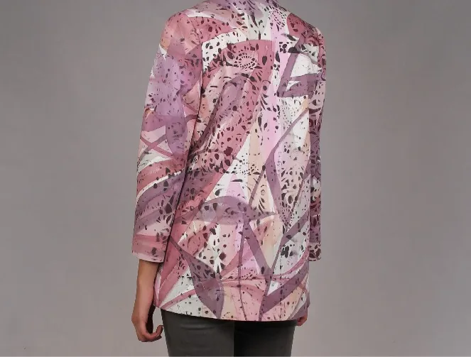 Back view of the same jacket, painted with overlapping rose, lilac and white shapes and dark speckles.