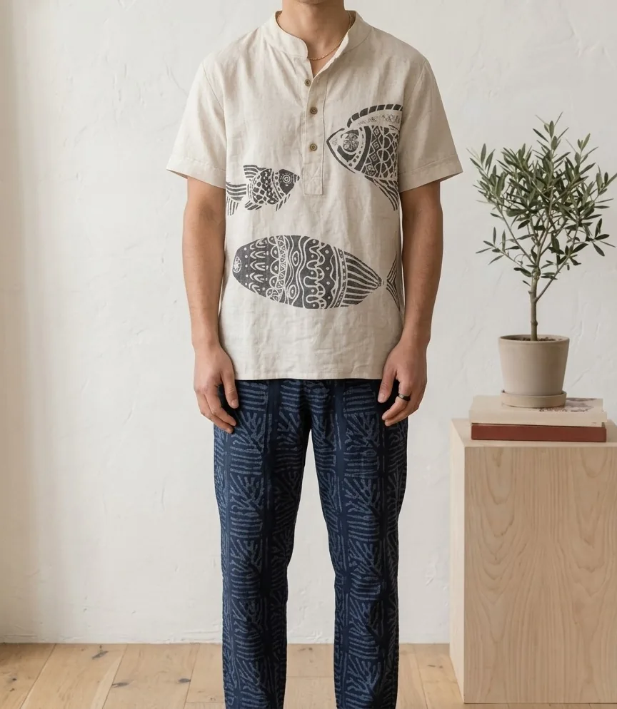 A man wearing a cream linen henley with a stand collar, wooden buttons and three large charcoal fish printed across the front, with navy patterned trousers.