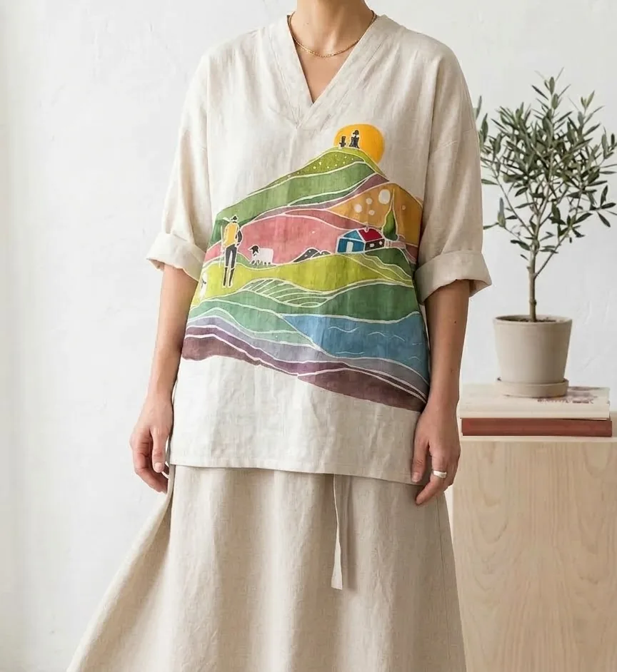 A woman wearing a cream linen V-neck shirt hand-painted with a landscape of rolling green, pink, blue and plum hills, a small red-roofed house, a walking figure with a sheep and a yellow sun. She wears it with a natural linen skirt.